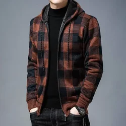 Knitted Sweaters for Men Red Korean Fashion Man Clothes Zip-up Hoodies Coat Cardigan Zipper Jacket Plaid Sweat-shirt Winter 2024