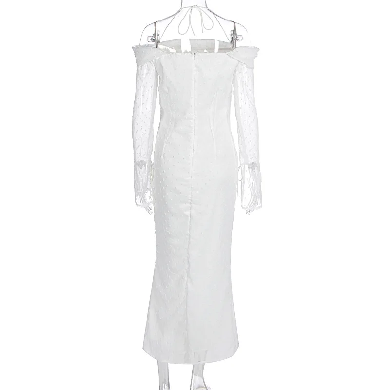 Vestido largo de malla de moda sin espalda para mujer, con cordones, cintura alta, hombros descubiertos, ajustado, elegante vestido de fiesta de otoño para mujer