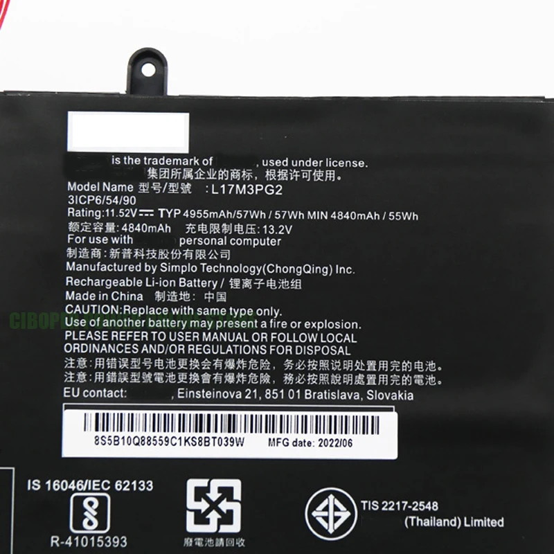 57Wh 4955mAh Para Y730 Y740-15ICH Y740-15ICHg 5B10Q88560