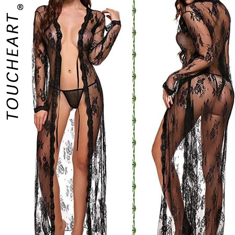 Lace Mesh Transparent Robe Nightgown women dress women sleepwear Women's Deep V-Neck Home Ultrathin Nightgown