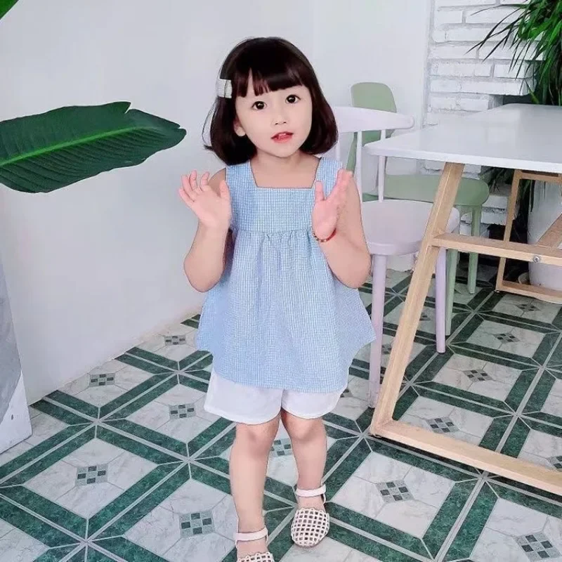 Girls Summer Outfit Set - Checked Straps  White Shorts