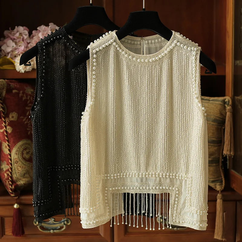 

Handmade Beaded Vest Tassel Sexy Top Embroidery Loose Round Neck Sleeveless Outer Wear Thin Section Waistless Chiffon Shirt