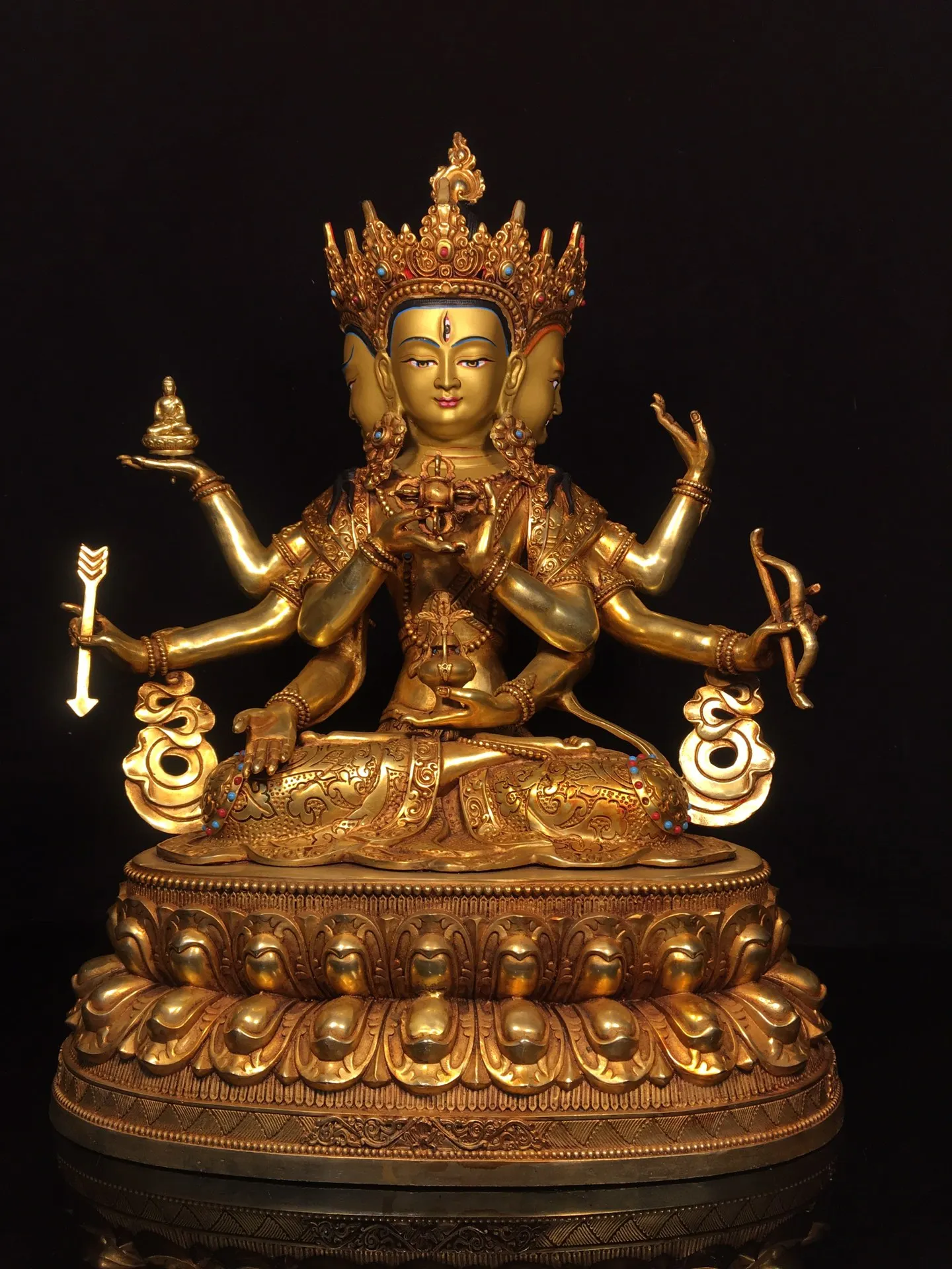 

19"Tibetan Temple Collection Old Bronze Gilded Painted Face Mosaic Gem Namgyalma Sitting Buddha Lotus Terrace Worship Hall