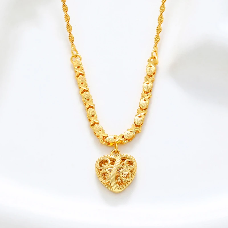 24K real gold Heart pendant water wave chain collar 999 gold vintage quality exquisite love necklace women