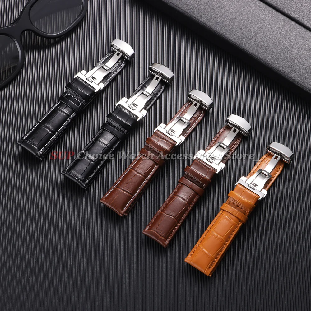 Sleek Calfskin Leather Watch Band with Butterfly Buckle