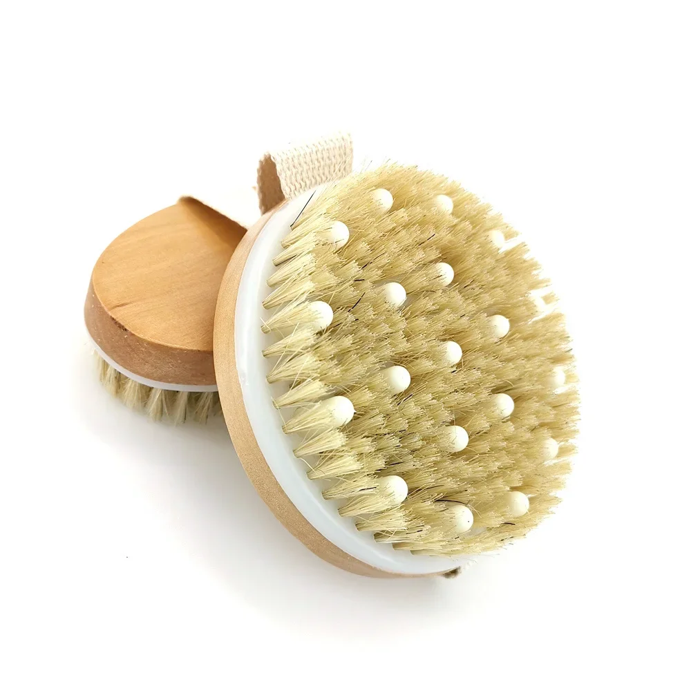 Massage Tool Body Scrubber 2 In 1 Dry Skin Body Massage Brush Natural Bristle Dead Skin Remover Anti Cellulite Exfoliates Blood Circulation Massage Tools