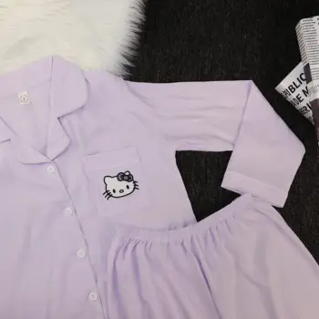 التطريز مرحبا كيتي منامة مجموعة المرأة خريف شتاء طويلة الأكمام سترة وبنطلون ملابس المنزل الكورية دعوى ملابس خاصة 4