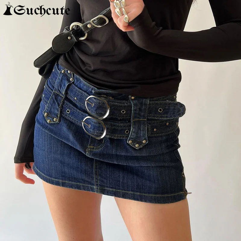 SUCHCUTE Rivet Double Belt Vintage Blue Denim Mini Skirt Womens Low Rise  Y2K Streetwear Slim A Line Jeans Skirts Summer Outfits