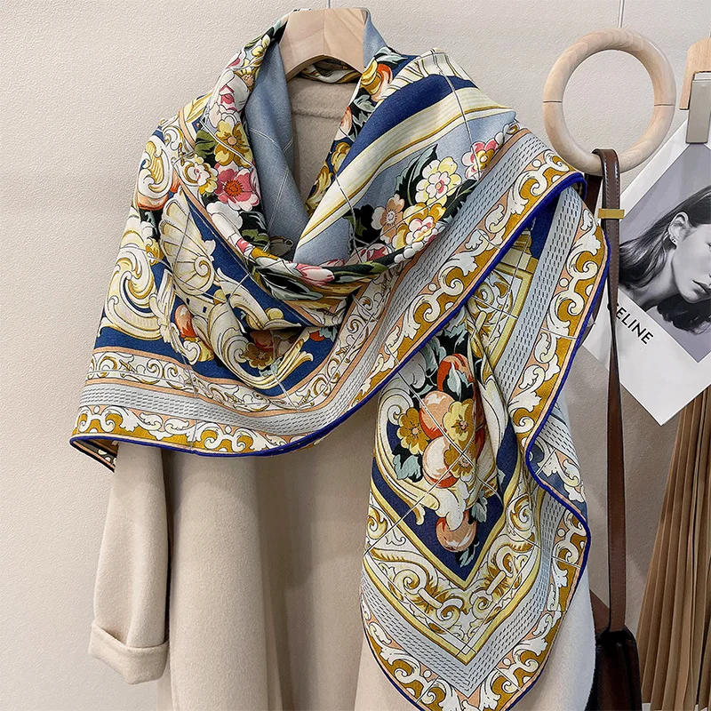 70% Wool 30% Silk Scarf Printed Hand Rolled Wool Designer Scarf 135cm Big  Size Square Wrap Shawl Silk Hand Edges Bandana Stole