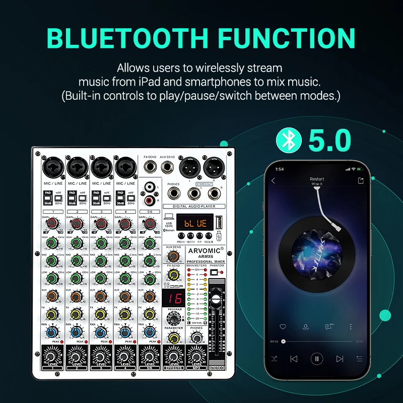 USB 오디오 인터페이스가 있는 ARVOMIC DJ 믹서, 6 채널 오디오 믹서, 블루투스 기능, 16 DSP 효과, 3 밴드 EQ (ARMX-6)