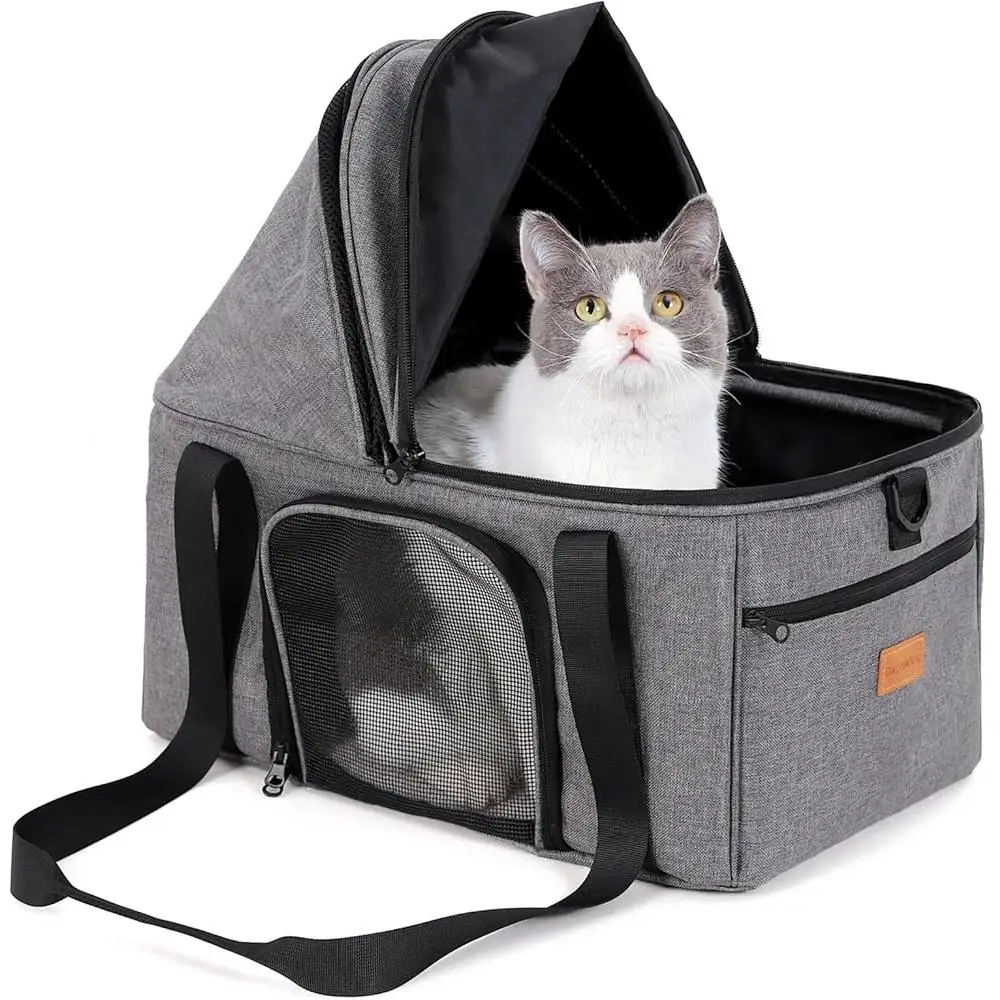Soft Sided Cat Carrier Large Pet Bag Travel Seat with Semi-open Canopy Washable Cushion Collapsible Design Safety Features