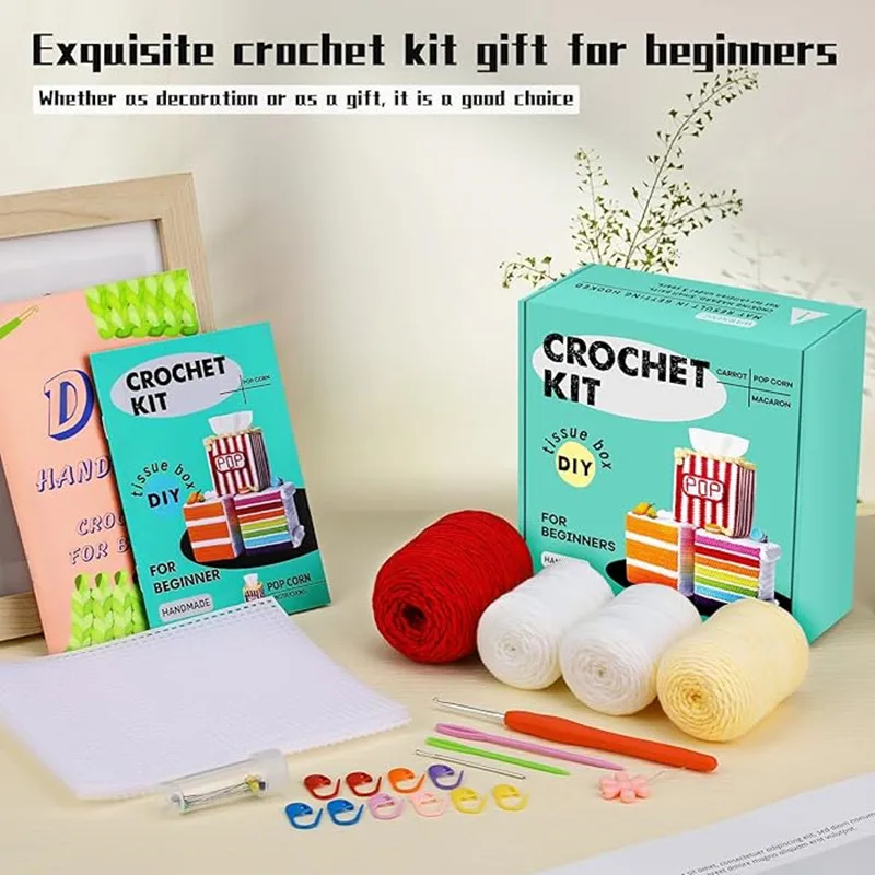 IMZAY Unfinished Crochet Kit for Beginners Knitting Starter Kit Tissue Box Cover Holder with Step-by-Step Video Tutorials