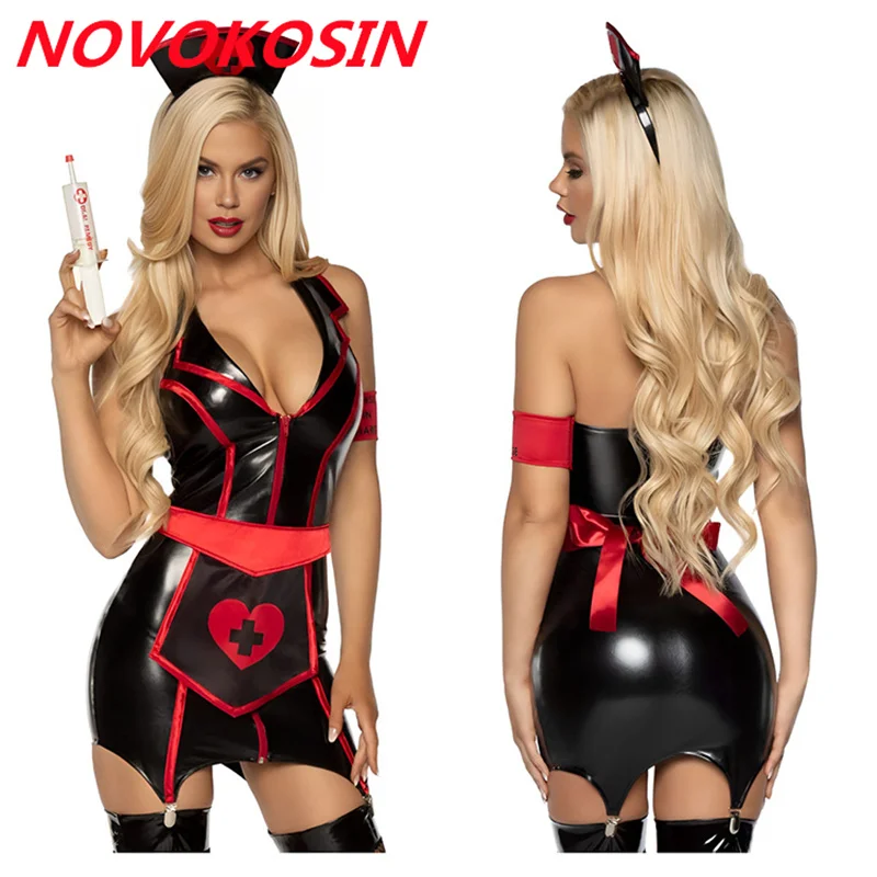 6 Pieces Women Nurse Deep V Neck Faux Leather Short Dress Apron Girl PU Sexy Lingerie Cosplay Costume Uniform