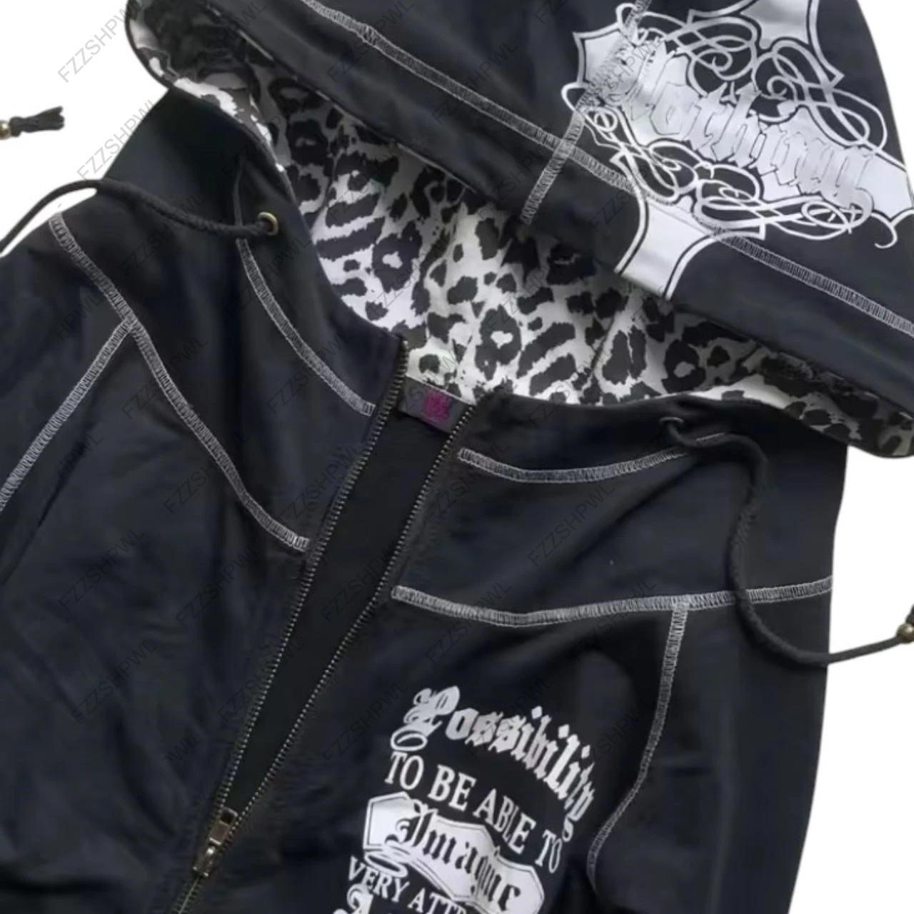 millennium y2k goth punk wind restoring ancient ways leopard grain printing charge show thin waist splicing skulls hooded fleece
