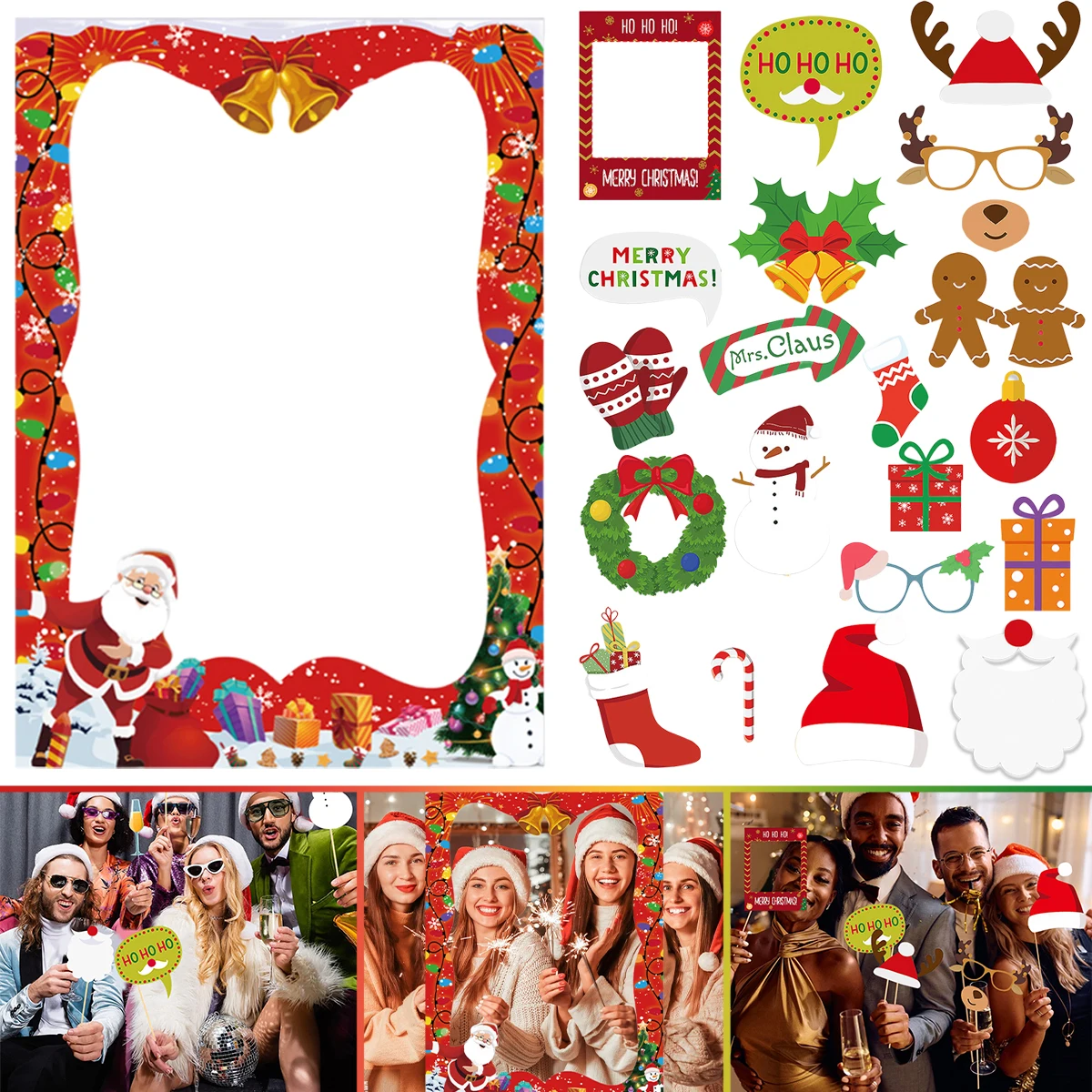 Christmas Photo Booth Selfie Frame Photo Booth Props Santa Hat Gingerbread Man Snowman Prop Decoration Cartoon Photobooth Kit