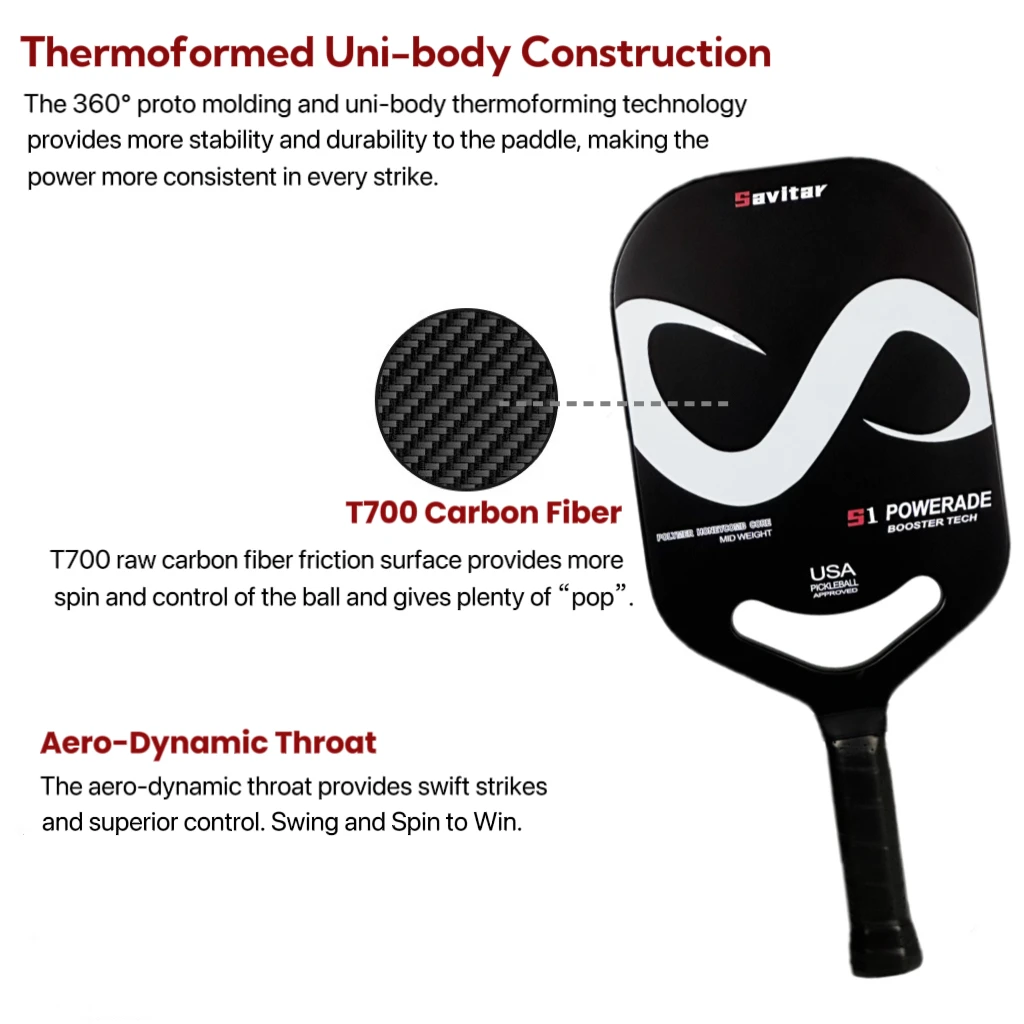 SAVITAR T700 Carbon Fiber Pickleball Paddle Thermoformed Uni-body Construction Aero Throat Edgeless Shape Polymer Honeycomb Core