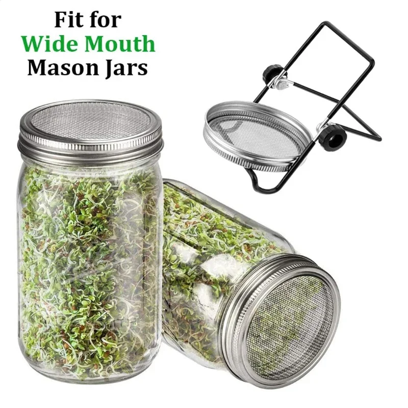 Seed Sprouter Germination Cover Sprouting Mason Jars With Stainless Steel Strainer Screen Lids Stainless Steel Germinator Stand sprouting jars kit