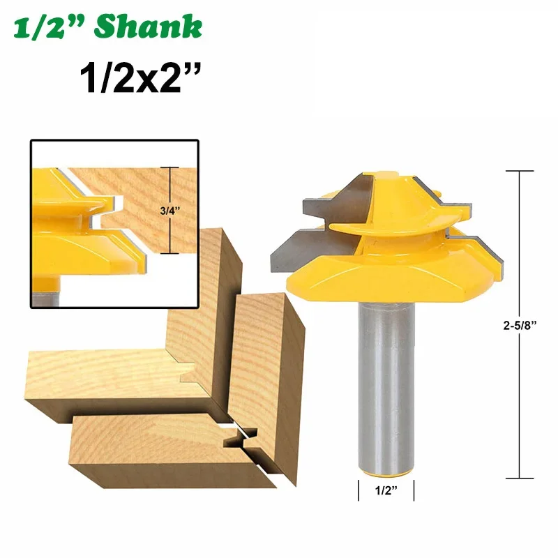 

1PC 1/2" 12.7MM Shank Milling Cutter Wood Carving Medium 45 Degree Lock Miter Router Bit 3/4" Stock Tenon Cutter for Woodworking