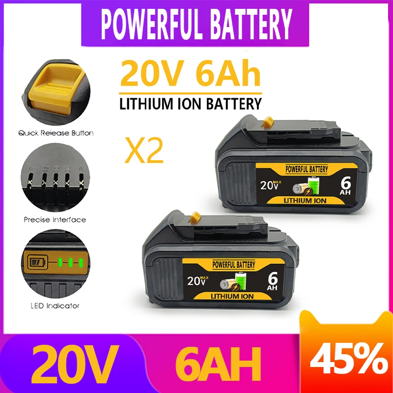 

20V 6.0Ah Replaceable Li-ion Battery Compatible for Dewalt 18V MAX Power Tools 18650 Batteries With Charger DCB200