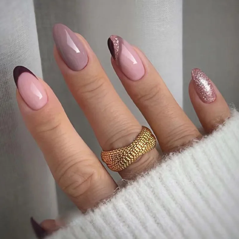 Unghie finte a mandorla 24 pezzi, unghie finte francesi rosa, testa ovale, design ondulato, punta per manicure staccabile, copertura completa pre-applicata_voghion.com