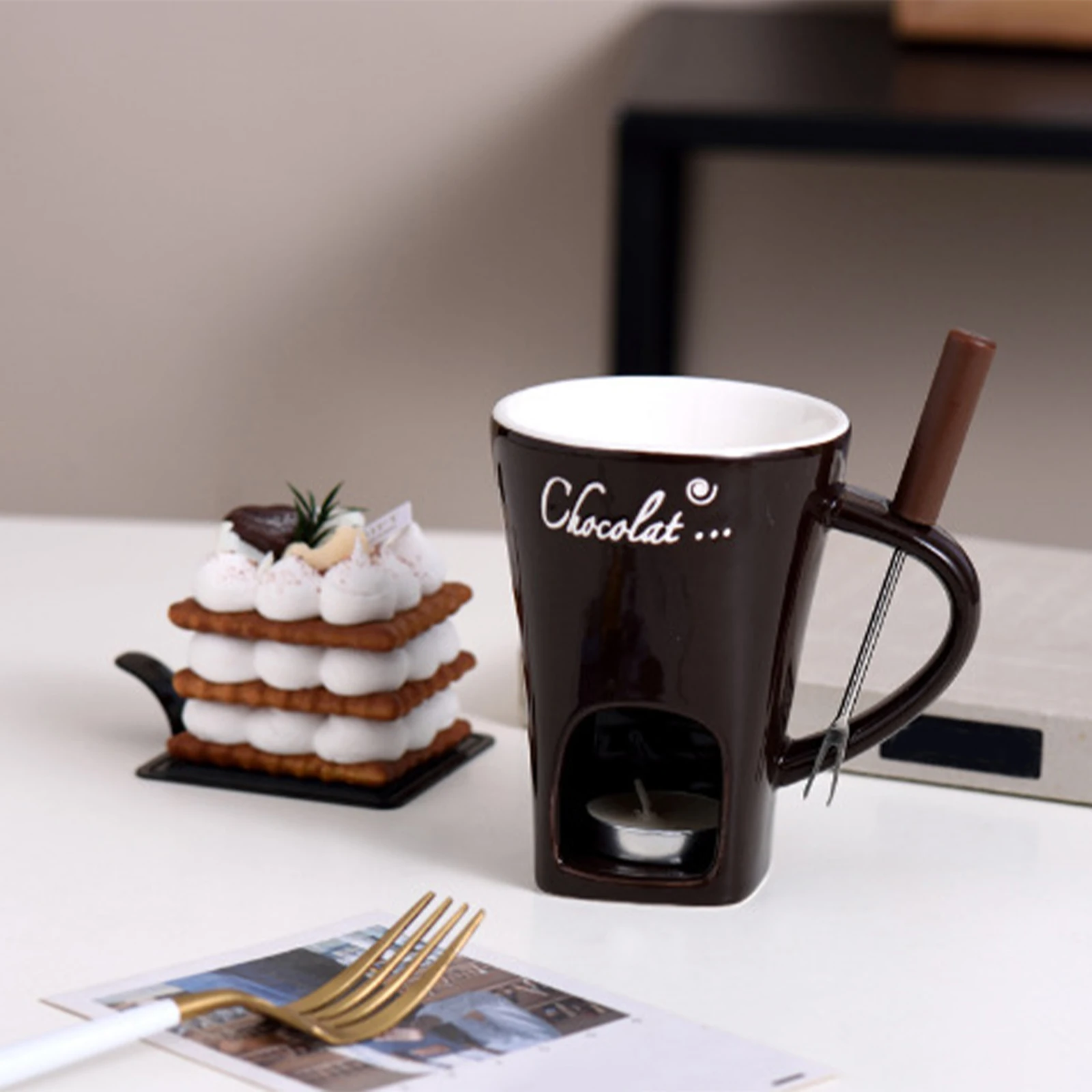 Fondue Mug Cheese Butter Melt Pot Butter Heater Coffee Cup with Fork Chocolate Melting Cup for Candy Tapas Dessert Kitchen Snack chocolate warmer fondue set