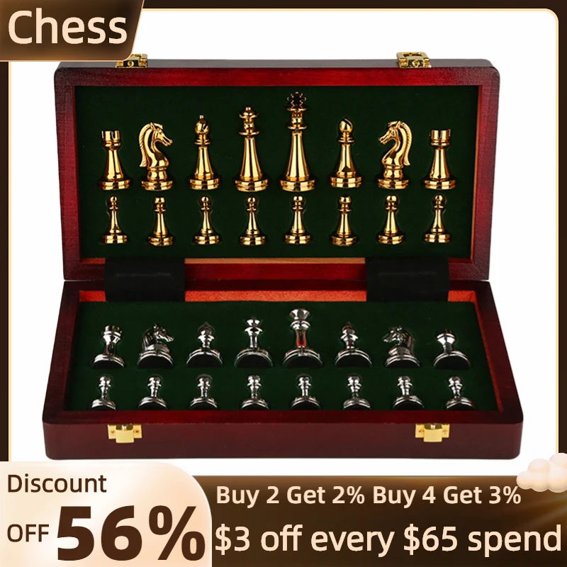 Buy Online Best Quality Chess standard metal theme board game entertainment intellectual toy luxury knight hand-painted chess Halloween gift.