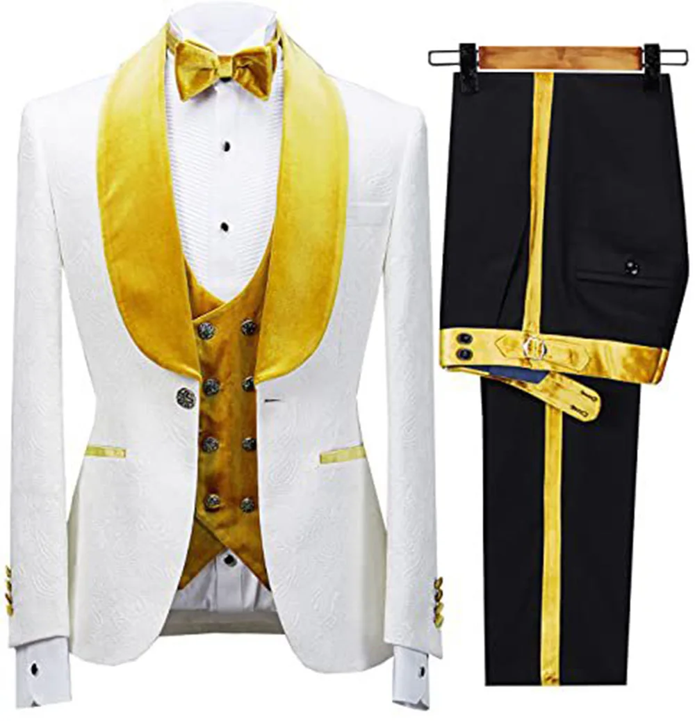 

Ivory Jacquard Jacket Velvet Vest Shawl Collar Men Elegant Set Luxury Designer Suit For Boyfriend Wedding Blazer Ceremony Dress