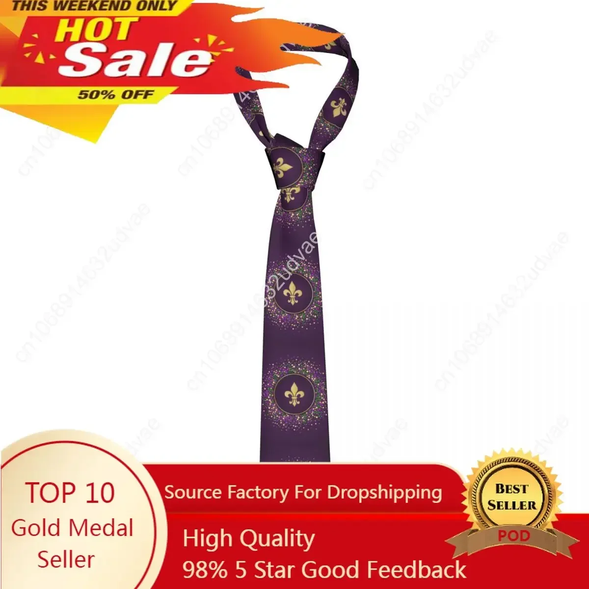 Mardi Gras Dotted Frame With Golden Fleur De Lis Tie For Men Women Necktie Tie Clothing Accessories