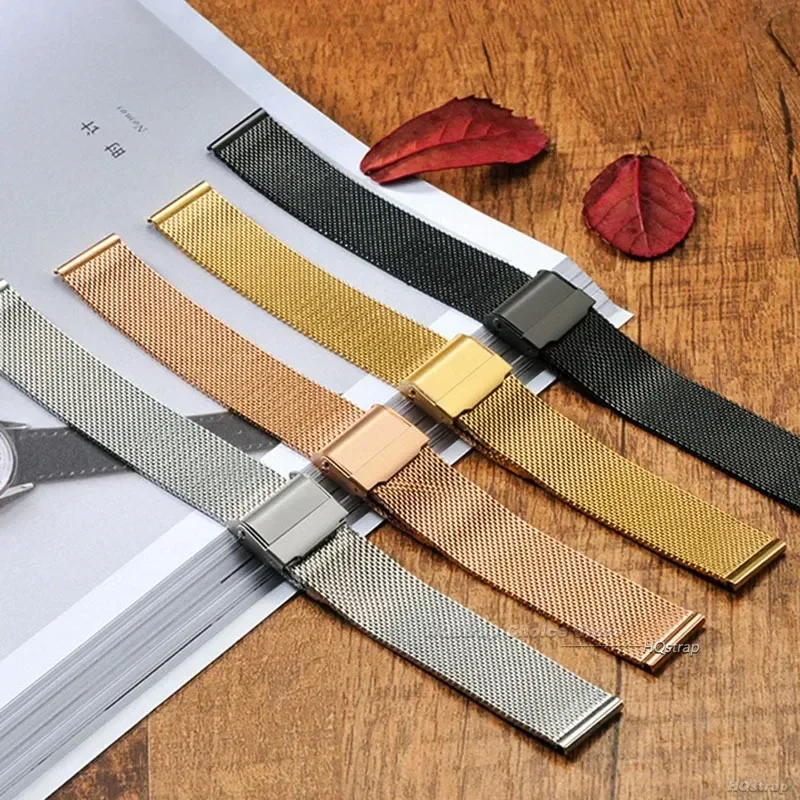 Elegant Milanese Stainless Steel Mesh Watchband Bracelet in Black & Rose Gold