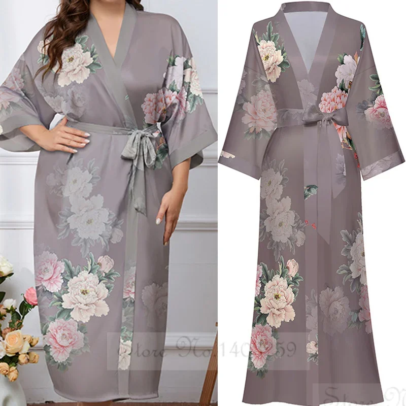 Japanese Style Printed Half Sleeved Kimono Bathrobe Gown Plus Size Women Long Robe Yukata Spring Autumn Satin HomeWear Sleepwear