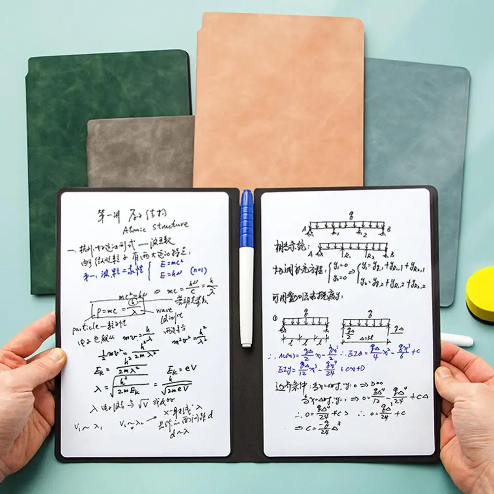 

1 Set Whiteboard Notebook Double Side Reusable Faux Leather Shell Students A5 Notepad Writing Board with Marker for Classroom