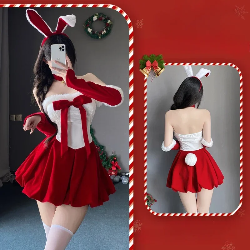 Christmas Sexy Plush Bunny Girl Uniform Cosplay Sexy Costumes Velvet New Year Red Dress Nightdress Role Play Outfits Underwear