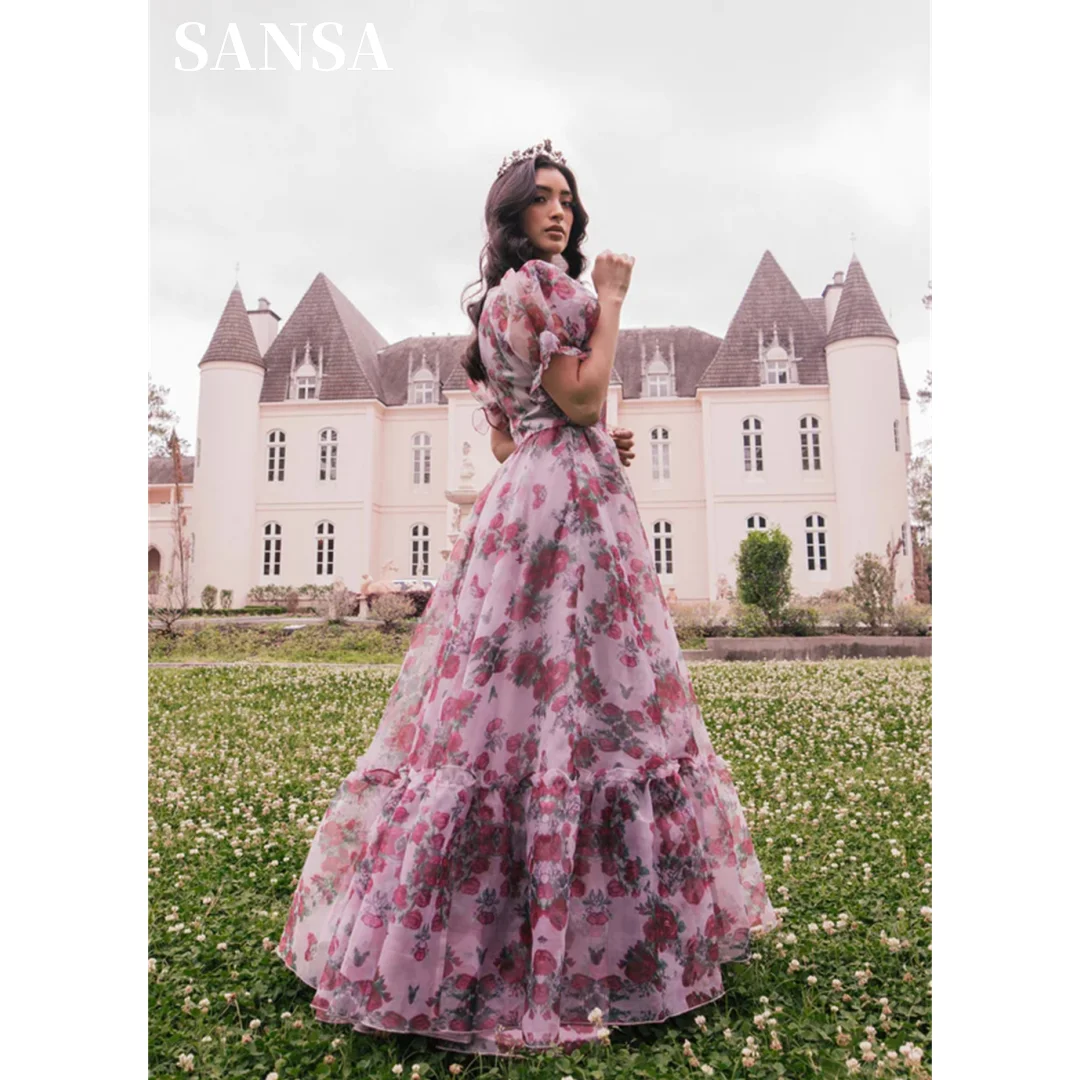 Sansa Floral Print Prom Dresses A-line Organza vestidos de fiesta Elegant Puffy Short Sleeves Sweep Train Lace-Up Cocktail Party