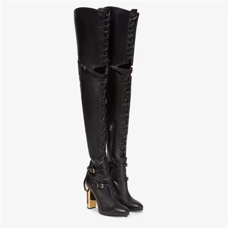 

2024 New Strange Style Fretwork Heels Lace-up Thigh High Boots Fashion Runway T-shape Straps Belt Buckle Designe Knight Boots