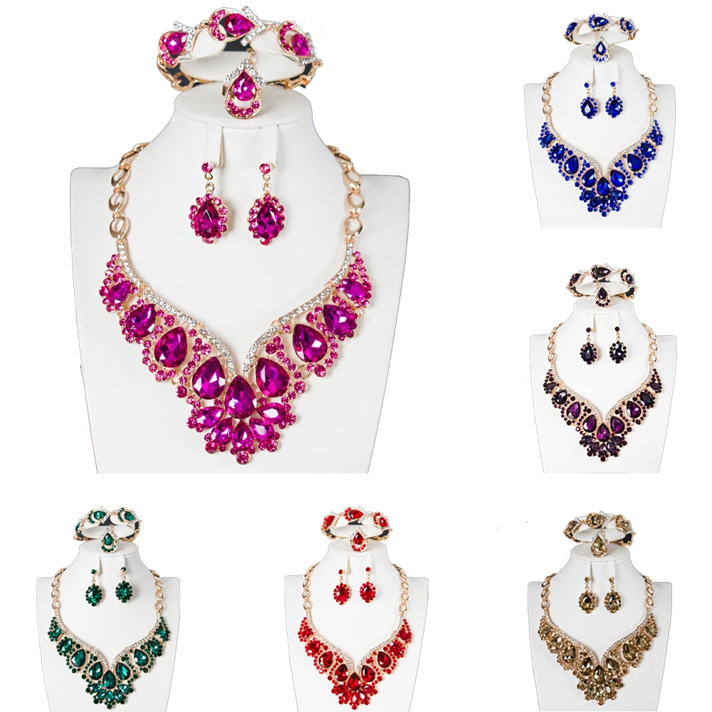 

Fashion African Costume Crystal Jewelry Sets Dubai Gold Color Jewelry Sets Elegant Water Drop Necklace Earrings Design for Women