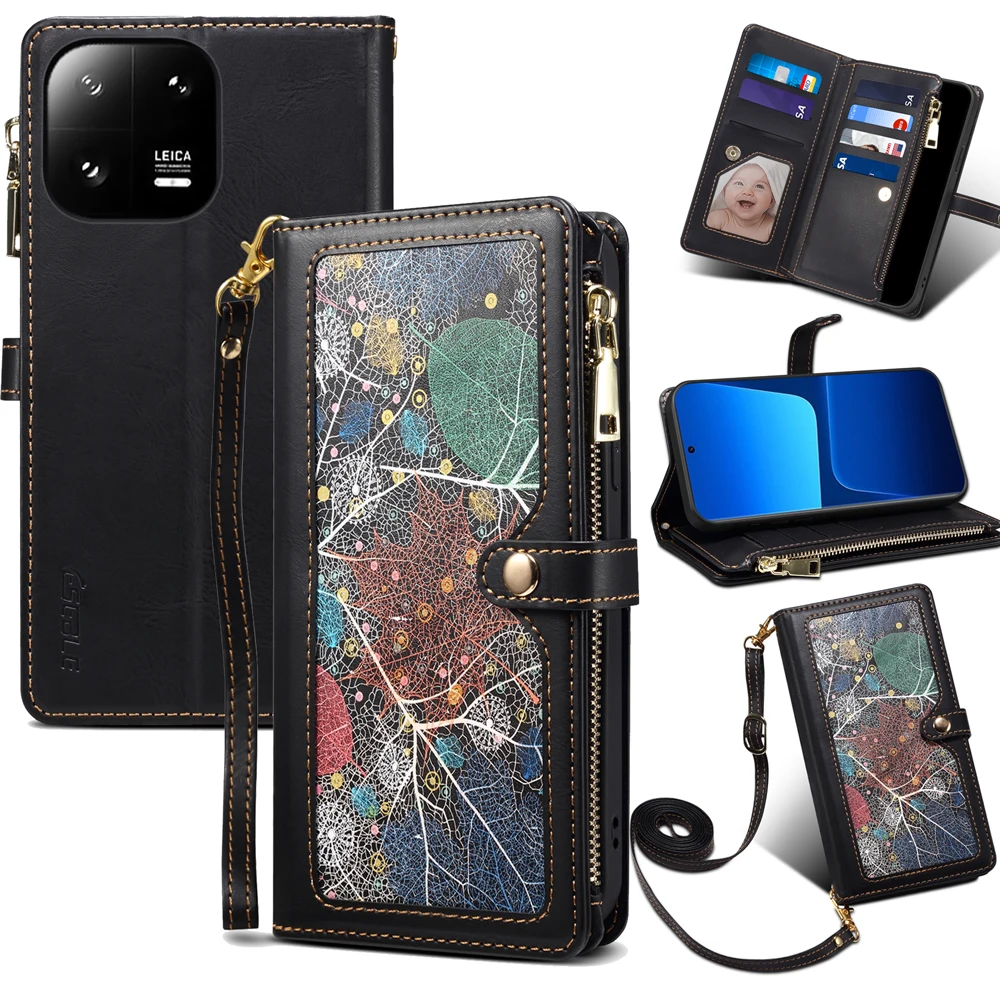 

Кожаный флип-чехол с цветочным рисунком для Xiaomi Mi 13 Pro Mi13, кошелек с отделением для карт, чехол для телефона с бесплатной веревкой