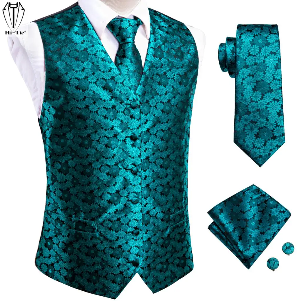 

Hi-Tie Teal Silk Mens Vest Hnakerchief Cufflinks Set Jacquard Floral Waistcoat Sleeveless Jacket for Wedding Business Western