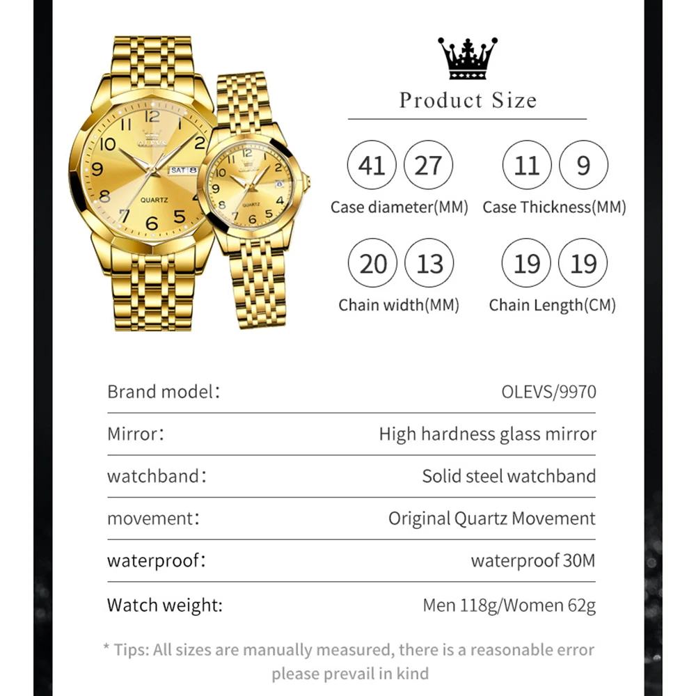 OLEVS 9970 Original Quartz Watch For Men Women Number Dial Luxury Couple Watches Stainless Steel Waterproof Fashion Hand Clock