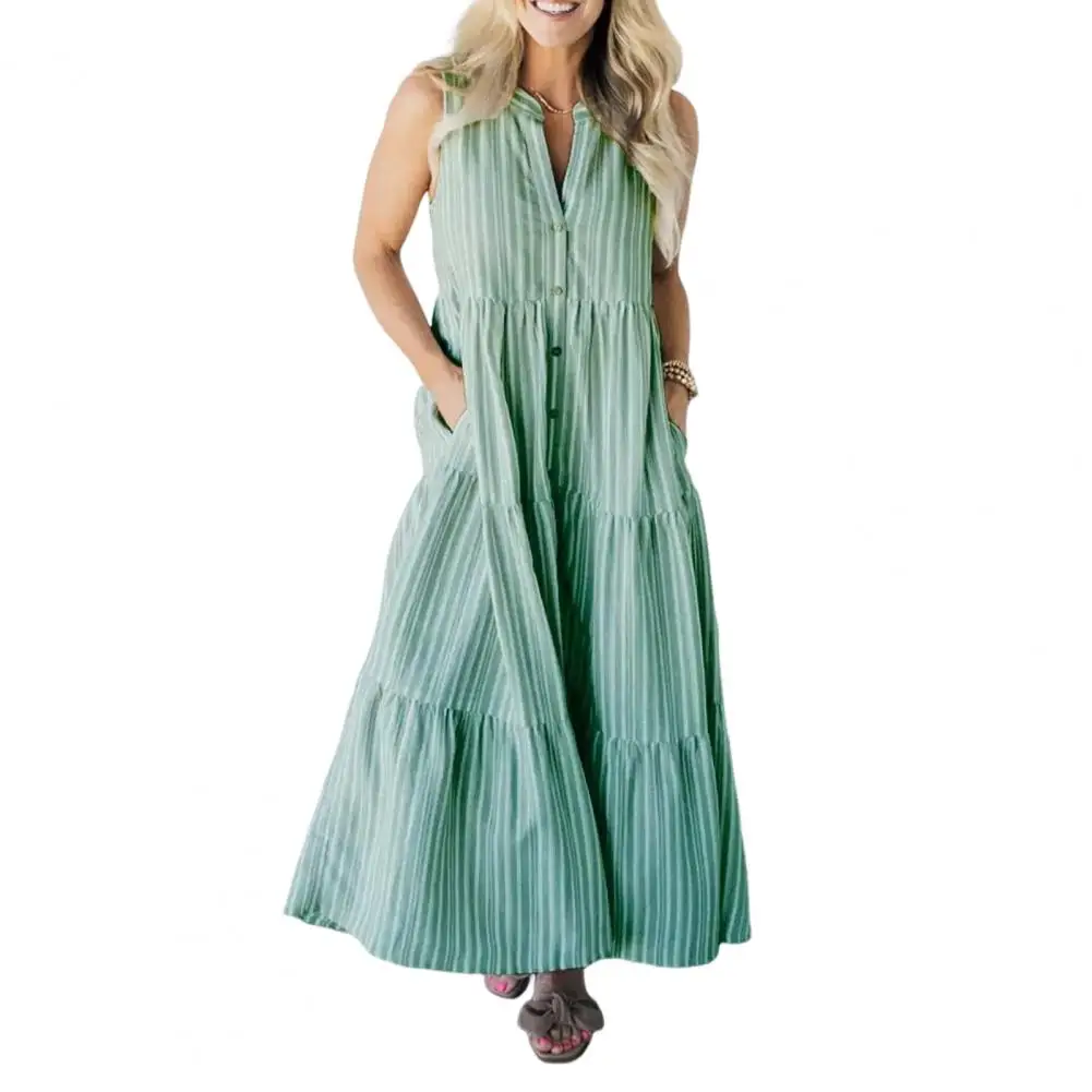 Sleeveless A-line Summer Dress Striped Print Sleeveless Maxi Dress with Side Pockets Button Details Women's A-line V Neck Summer