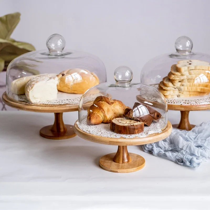 European Style Tall Cake Tray Glass Cover Bread Display Tray Fruit Tasting with Lid Rotating Home Decoration Ornaments