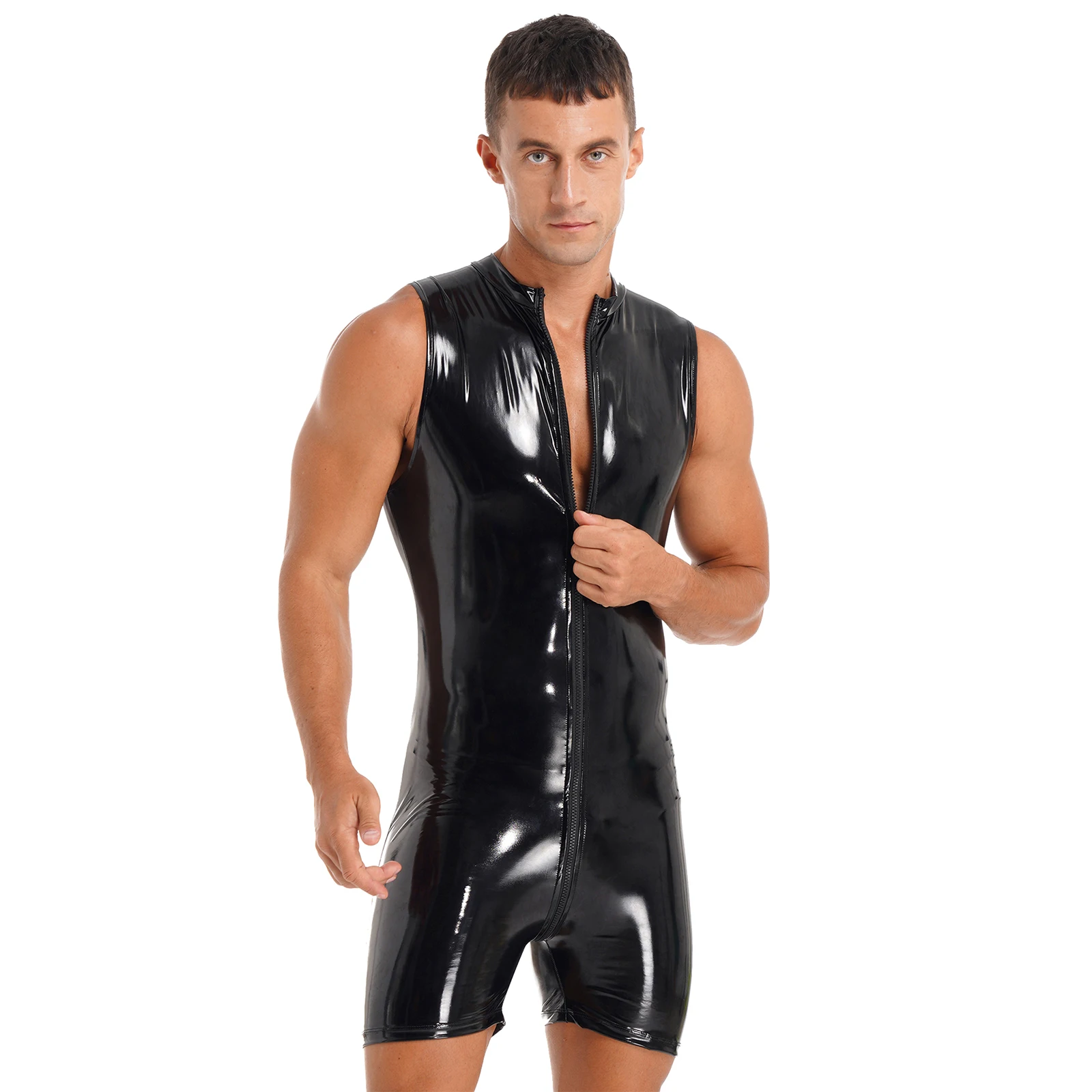 

Mens Sissy Sleeveless Patent Leather Jumpsuits Wet Look Zipper Crotch Club Pole Dancing Costume Bodysuit