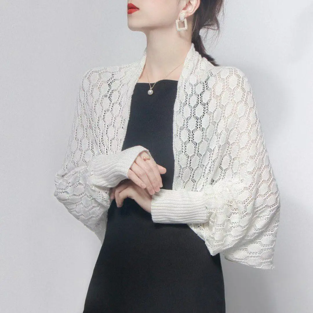 

MRMT 2024 Brand New Women's Monochrome Knit Hollow Ice Silk Shawl Solid Color Large Sleeve Outer Thermal Waistcoat