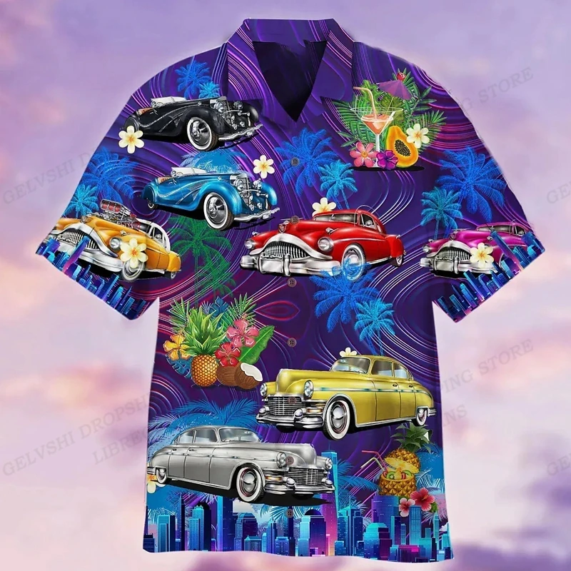 Men's Hawaiian Shirt Car Graphic Print Shirts Men Fashion Casual Beach Blouse Vocation Lapel Motorcycle Camisa 6