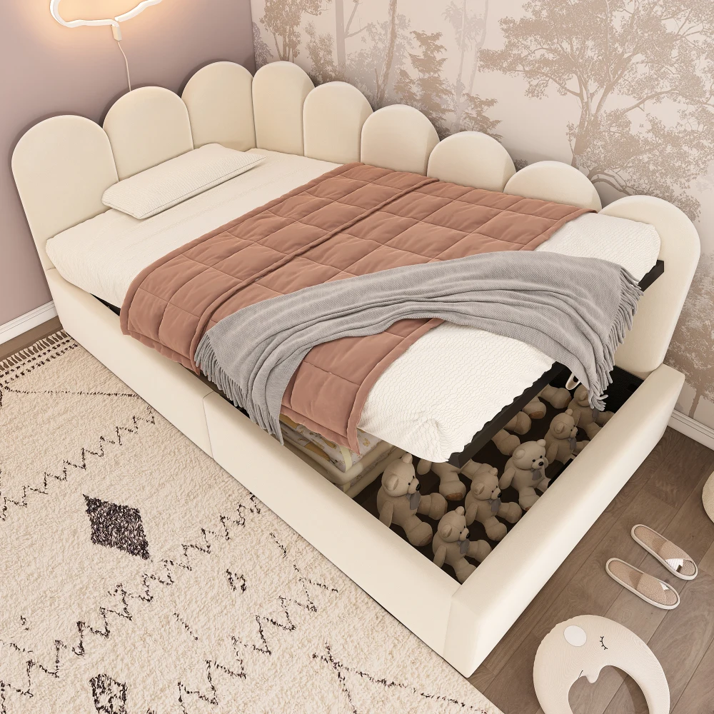 Biege Polsterbett, Tagesbett, Schlafsofa mit hydraulischer Stauraum, Kinderbett mit Metallgitter, Samtbeige (ohne Matratze) – Detail 23