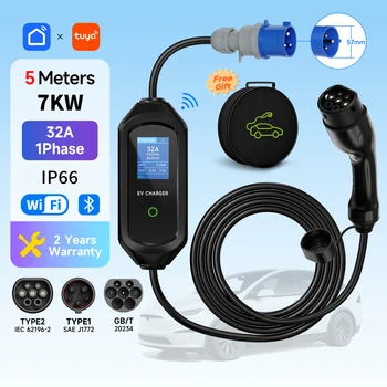 7KW 32A 1Phase Portable EV Charger Type2 Electric Car Charger Type1/GBT EVSE Fast Charging Cable WiFi APP Bluetooth Control 1