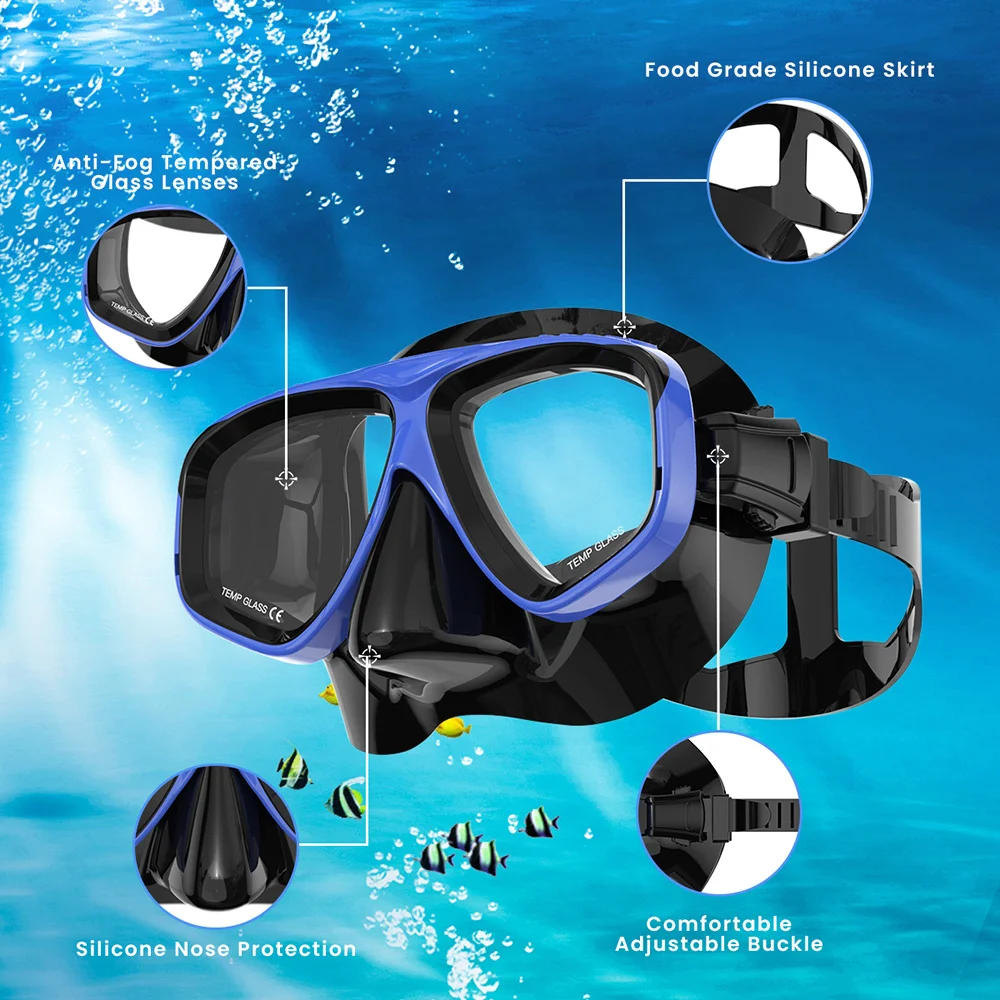 Low Volume Snorkel Mask Swimming Goggles Silicone Skirt Tempered Glass Lens Wide View Training With Nose Cover Adjustable Strap