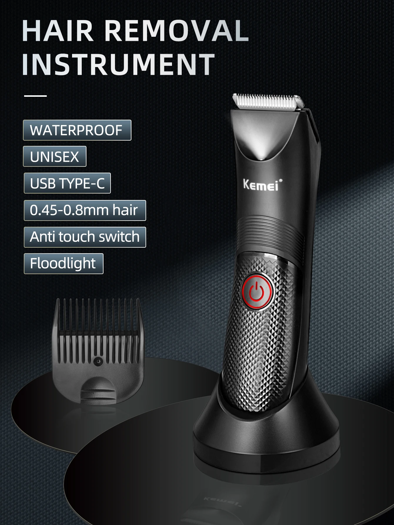 Kemei 전기 머리 깎기 전문 민감한 지역 이발 기계 IPX7 방수 바디 트리머 충전 베이스 KM-1838