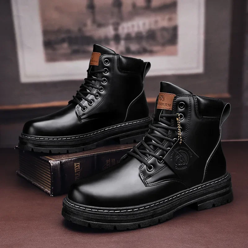 High Top Mens Leather Fashion Motorcycle Ankle for Men Winter Boots Man Shoes Lacing Botas Hombre_voghion.com