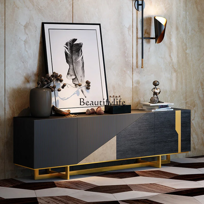 Italian Light Luxury TV Cabinet Modern Minimalist Villa Living Room Home Creative Stone Plate Black High Floor Cabinet