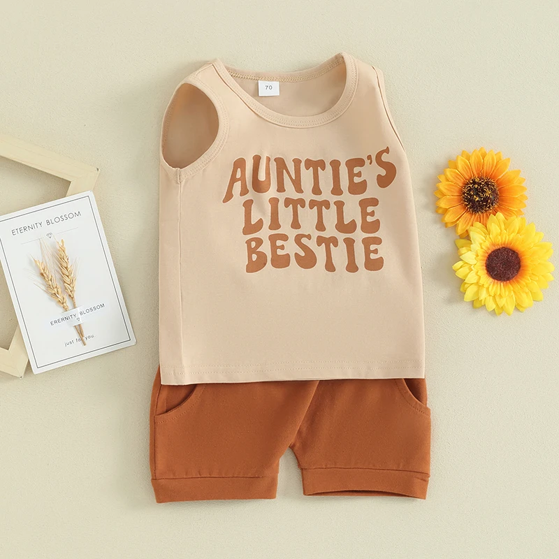 

Toddler Baby Boy Summer Outfit Auntie’s Little Bestie Sleeveless Tank Top Elastic Waist Shorts 2Pcs Clothes Set